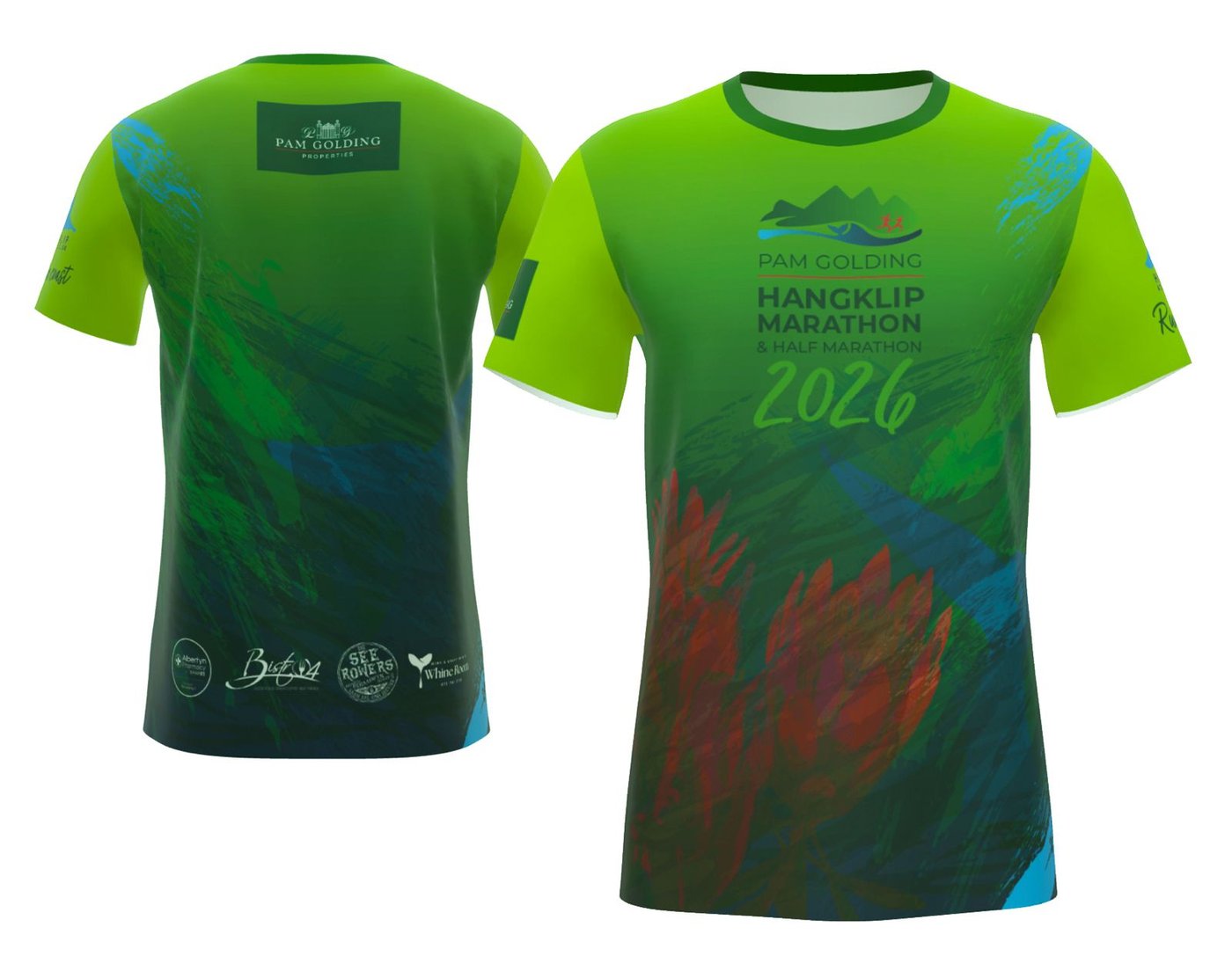 2026 Pam Golding Hangklip Marathon race t-shirt — front and back views